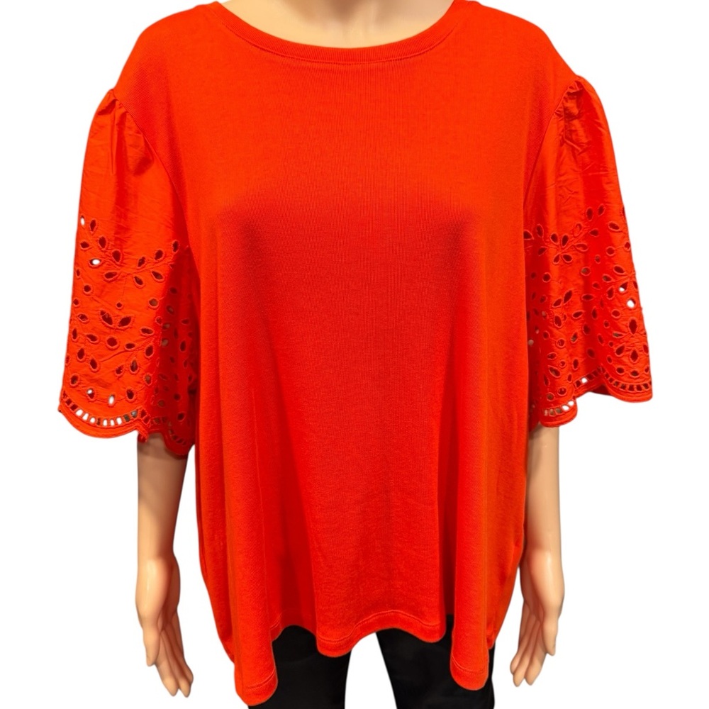 PHILOSOPHY Vibrant Eyelet Sleeve Crew Neck Blouse Poppy Orange NWT 3X